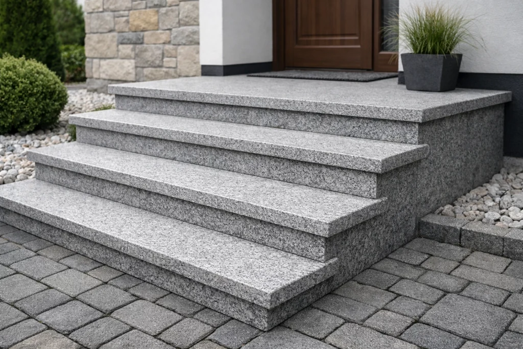 Schody granitowe zewnętrzne z jasnego granitu – stopnie granitowe płomieniowane z podstopnicą przy wejściu do domu
