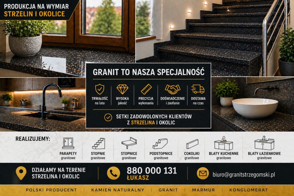 Realizacje granitowe Strzelin i okolice parapety stopnie blaty na wymiar producent