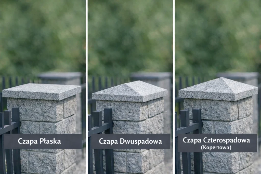 Porównanie czap kamiennych na słupy ogrodzeniowe – płaska, dwuspadowa i czterospadowa (kopertowa)