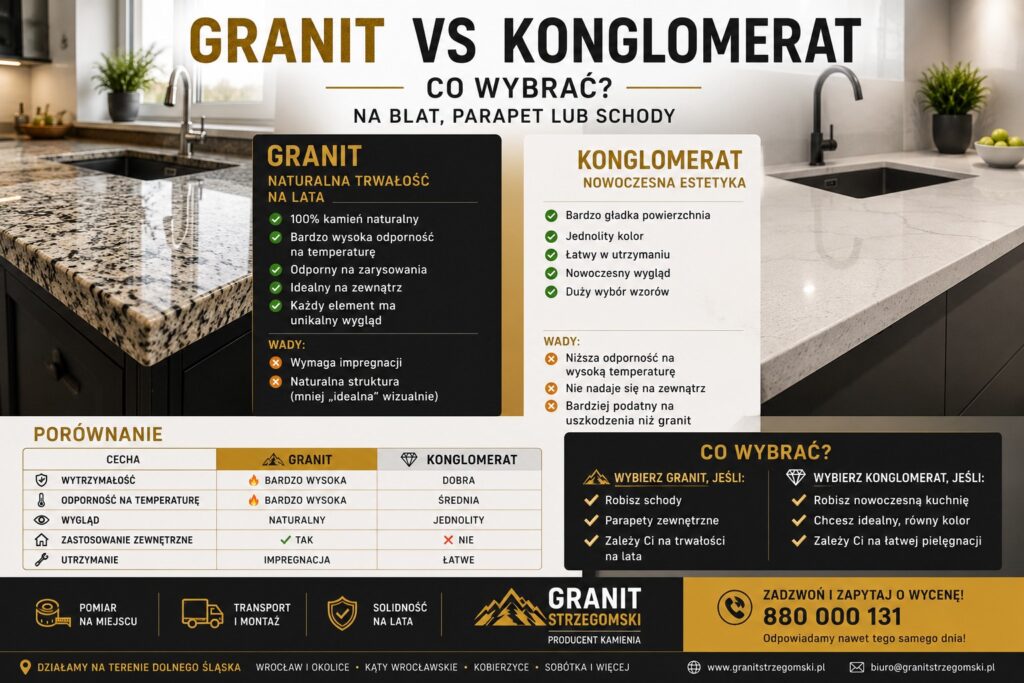 Granit vs konglomerat – porównanie materiałów na blat, parapet i schody