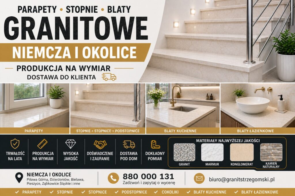 Parapety stopnie blaty granitowe Niemcza i okolice jasny kamień na wymiar producent