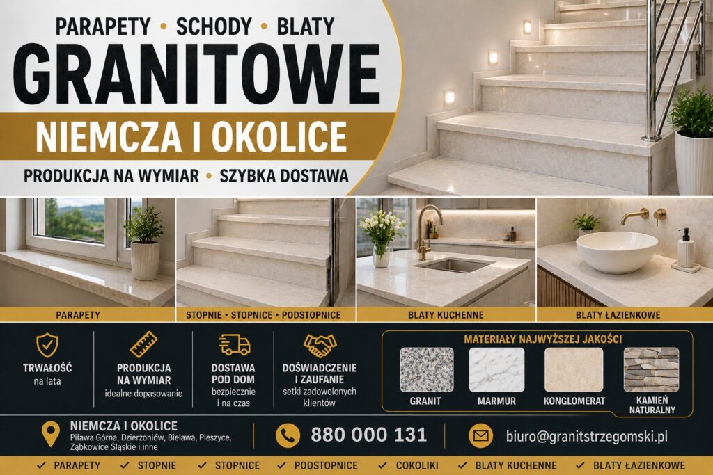 Parapety stopnie blaty granitowe Niemcza i okolice na wymiar producent dostawa