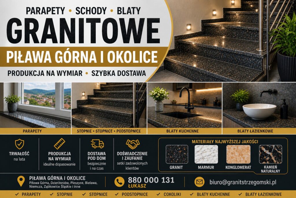 Parapety stopnie blaty granitowe Piława Górna i okolice na wymiar z dostawą producent