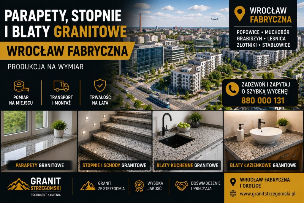 Parapety stopnie blaty granitowe Wrocław Fabryczna producent na wymiar