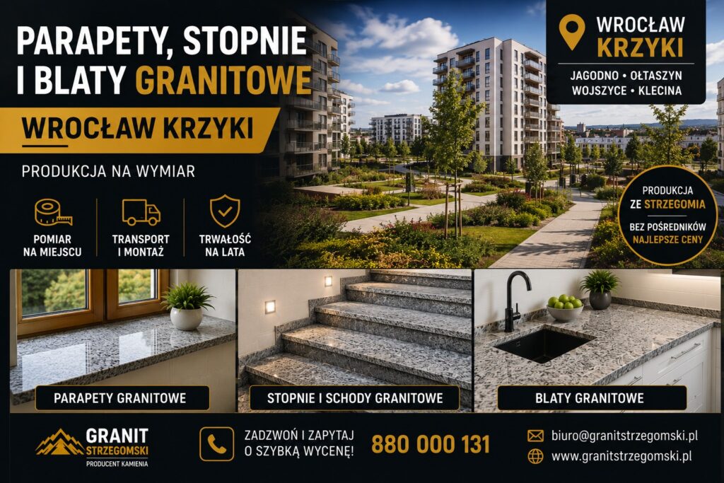 Parapety stopnie blaty granitowe Wrocław Krzyki producent na wymiar