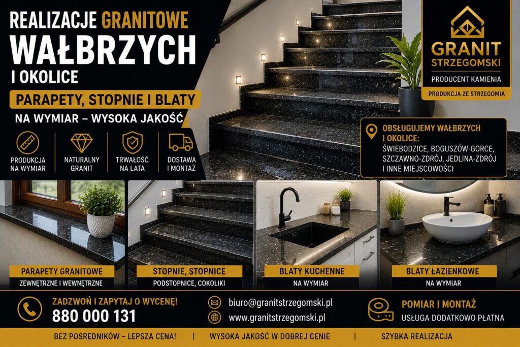 Realizacje granitowe Wałbrzych parapety stopnie blaty kuchenne łazienkowe na wymiar