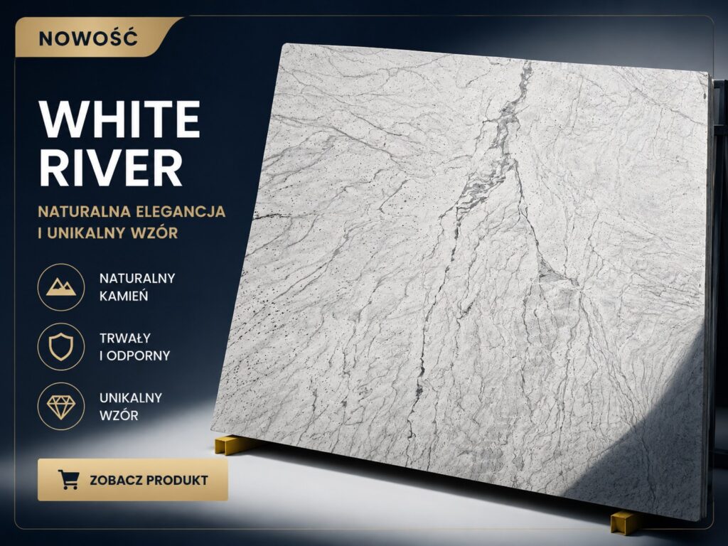 Granit White River płyta naturalny kamień jasny z szarym użyleniem